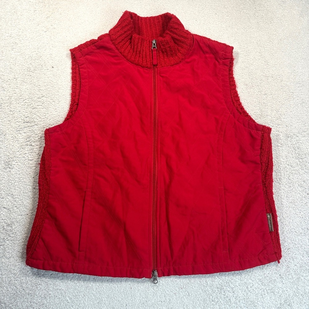 Columbia Vest Womens XL Red Quilted Knit Hybrid Wool Blend Sweater Back AL1034